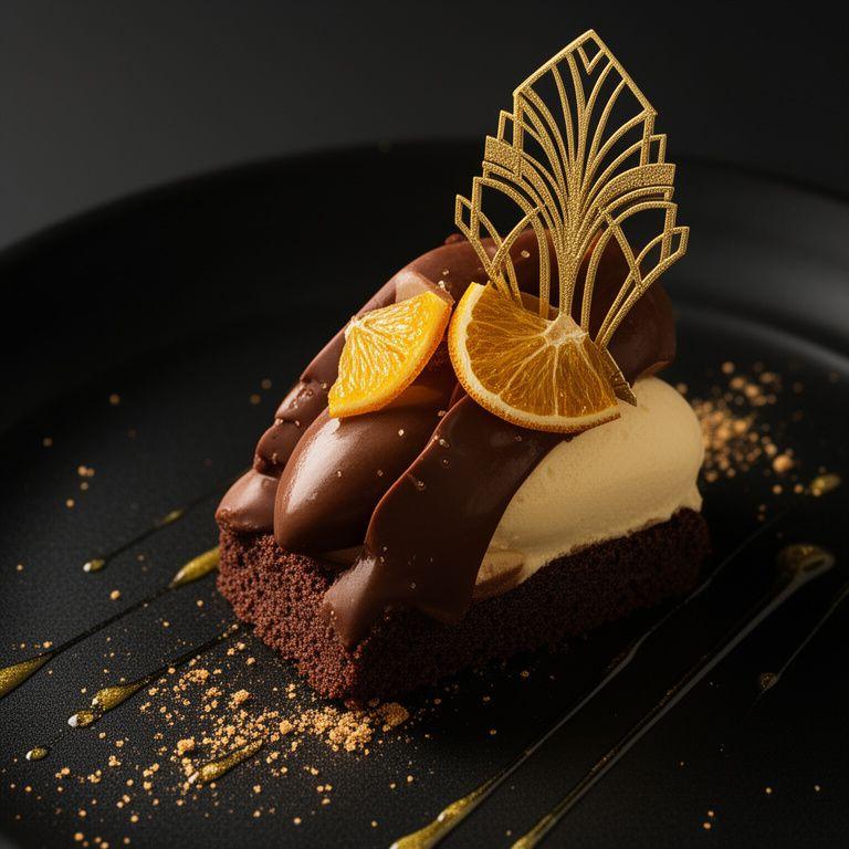 Postre sofisticado con chocolate, cítricos y decoración art déco en dorado
