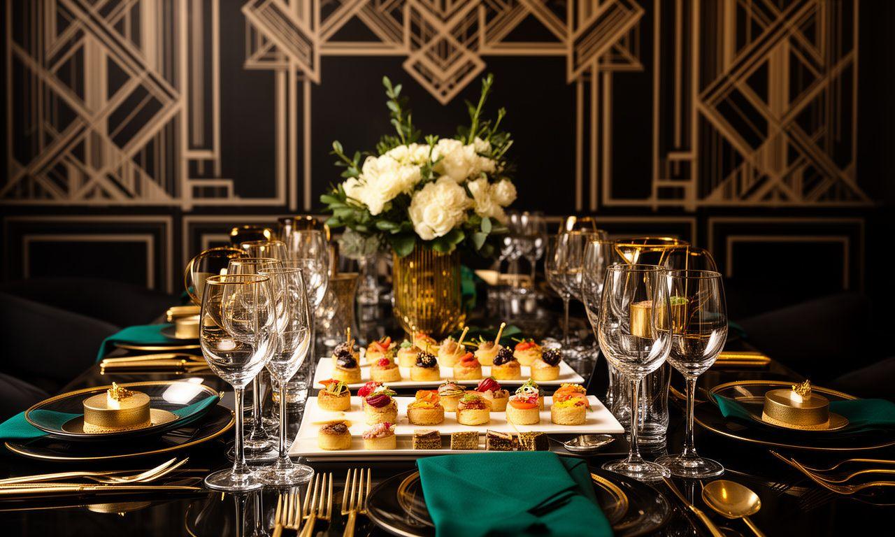 Mesa de catering de lujo con presentación Art Deco para eventos en Madrid